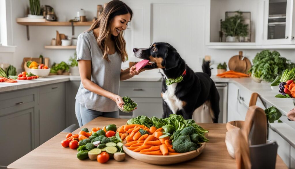 Vegan dog with a bowl of vegan dog food