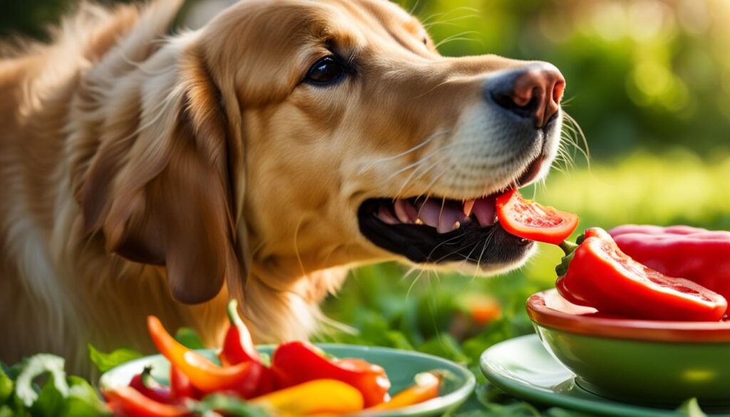 Dog eating peppers