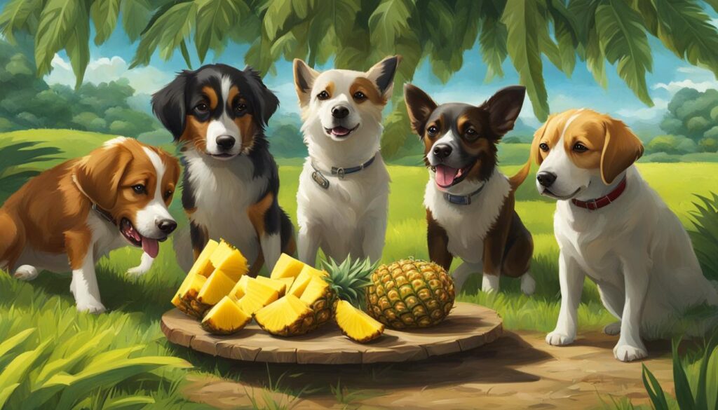 dogs eating pineapple