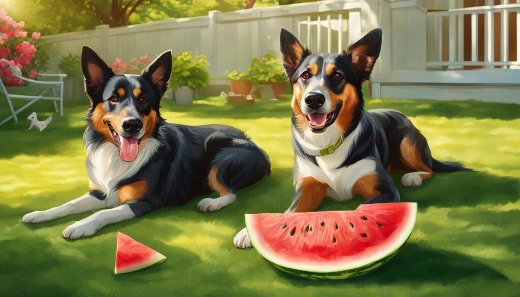 dogs eating seedless watermelon